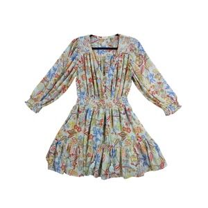 Elan Floral Paisley Smocked Mini Dress Blue Boho V-Neck Long Sleeve Medium